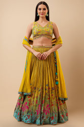 Mustard Yellow Tissue Floral Printed Lehenga